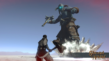 The Frost Giant is the hardest NPC in the game and no wonder... it's larger than the Statue of Liberty most likely and it wields a massive hammer instead of a torch